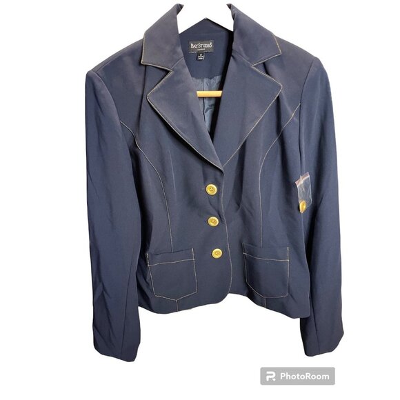 Bay Studio Career Navy Blue Gold Button Trim Blazer Jacket Sz 8 - Picture 1 of 10